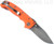 Demko Knives MG AD-20 clip point folding knife with thumb stud - shown open pocket clip side.  Stonewash 20CV stainless steel plain edge blade.  Orange G-10 handle.