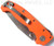 Demko Knives MG AD-20 clip point folding knife with thumb stud - shown closed pocket clip side.  Stonewash 20CV stainless steel plain edge blade.  Orange G-10 handle.