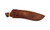 Condor Tool and Knife Large Huron fixed blade knife - shown in sheath obverse.  1095 steel plain edge blade.  Wood handle.  Model CTK2819-5.25HC.