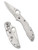 Spyderco Delica 4 folding knife with thumb hole - shown open presentation side and closed pocket clip side.  Satin VG-10 stainless steel plain edge blade.  Stainless steel handle.  Model C11P.