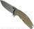 Rick Hinderer Knives Jurassic Spear Point folding knife with thumb stud and flipper tab - shown open presentation side.  Working Finish 20CV stainless steel plain edge blade.  OD green G-10 handle with Battle Bronze lock side.  Model K208JSGW00.
