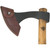 Condor Tool and Knife Francisca Throwing Tomahawk - close up of head in sheath obverse.  1060 steel plain edge head.  Wood handle.  Model CTK1022-1.3.