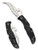 Spyderco Matriarch 2 Emerson folding knife with thumb hole and Emerson Wave Opener - shown open presentation side and closed pocket clip side.  Satin VG-10 stainless steel serrated edge blade.  Black FRN handle.  Model C12SBK2W.