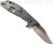Rick Hinderer Knives XM-24 Bowie folding knife with thumb stud and flipper tab - shown open lock side.  Stonewash 20CV stainless steel plain edge blade.  Blue G-10 handle with stonewash lock side.  Model KXM40BO.