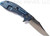 Rick Hinderer Knives XM-24 Bowie folding knife with thumb stud and flipper tab - shown open lock side.  Stonewash 20CV stainless steel plain edge blade.  Blue G-10 handle with stonewash blue lock side.  Model KXM40BO.