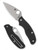Spyderco Metropolitan Slipit folding knife with thumb hole - shown open presentation side and closed pocket clip side.  Satin M390 stainless steel plain edge blade.  Black FRN handle.  Model C213PBK.