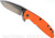 Rick Hinderer Knives XM-18 3.5" Spanto folding knife with thumb stud and flipper tab - shown open presentation side.  Stonewash S45VN stainless steel plain edge blade.  Orange G-10 handle with stonewash bronze lock side.  Model K2002SGS00.