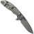 Rick Hinderer Knives XM-18 3.5" Spanto folding knife with thumb stud and flipper tab - shown open lock side.  Working Finish S45VN stainless steel plain edge blade.  Translucent Green G-10 handle with Working Finish lock side.  Model KXM35SPA.