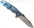 Rick Hinderer Knives Eklipse Spear Point folding knife with flipper tab and thumb stud - shown open lock side.  Stonewash S45VN stainless steel plain edge blade.  Black G-10 handle with stonewash blue lock side.  Model KEK35SPE.