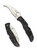 Spyderco Matriarch 2 folding knife with thumb hole - shown open presentation side and closed pocket clip side.  Satin VG-10 stainless steel serrated edge blade.  Black FRN handle.  Model C12SBK2.