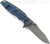 Rick Hinderer Knives Eklipse Spear Point folding knife with flipper tab and thumb stud - shown open lock side.  Working Finish S45VN stainless steel plain edge blade.  Orange G-10 handle with Battle Blue lock side.  Model KEK35SPE.