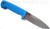 Demko Knives FreeReign fixed blade knife - shown out of sheath obverse.  Satin AUS10A stainless steel plain edge blade.  Blue rubber handle.  