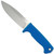 Demko Knives FreeReign fixed blade knife - shown out of sheath reverse.  Satin AUS10A stainless steel plain edge blade.  Blue rubber handle.  