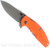 Rick Hinderer Knives Jurassic Slicer folding knife with thumb stud and flipper tab - shown open presentation side.  Working Finish MagnaCut stainless steel plain edge blade.  Orange G-10 handle scale with Working Finish lock side.  Model KJURSLMC.