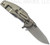 Rick Hinderer Knives Jurassic Slicer folding knife with thumb stud and flipper tab - shown open lock side.  Working Finish MagnaCut stainless steel plain edge blade.  Blue G-10 handle scale with Working Finish lock side.  Model KJURSLMC.