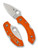 Spyderco Dragonfly 2 folding knife with thumb hole - shown open presentation side and closed pocket clip side.  Satin VG-10 stainless steel plain edge blade.  Orange FRN handle.  Model C28POR2.
