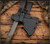 RMJ Tactical Raven tomahawk - shown close up of head in sheath obverse.  Tungsten Cerakote 80CRV2 steel plain edge head.  Dirty Olive G-10 handle.  Model T-RA-TU-DO.