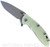 Rick Hinderer Knives Skinny XM-18 3.5" Slicer folding knife with thumb stud and flipper tab - shown open presentation side.  Working Finish MagnaCut stainless steel plain edge blade.  Translucent Green G-10 handle with Working Finish lock side.  Model KXM35SKSL.