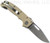 Demko Knives MG AD-20 clip point folding knife with thumb stud and thumb slot - shown open pocket clip side.  Stonewash 3V steel plain edge blade.  Tan G-10 handle.