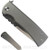 Chaves Knives Redencion 229 Drop Point folding knife with flipper tab - shown closed presentation side with extra pocket clip aside it.  M390 stainless steel plain edge blade.  Stonewashed titanium handle.  Model 229/KS/RDP/SWTI.