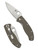 For Reference only.  Spyderco Tenacious folding knife with thumb hole - shown open presentation side and closed pocket clip side.  Satin M4 steel plain edge blade.  Brown G-10 handle.  C122GBNM4P.