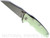 Rick Hinderer Knives Eklipse Wharncliffe folding knife with flipper tab and thumb stud - shown open presentation side.  Working Finish 20CV stainless steel plain edge blade.  Translucent Green G-10 handle with Working Finish lock side.  Model KEK35WC.