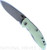 Rick Hinderer Knives Non Flipper XM-18 3.5" Slicer folding knife with thumb stud - shown open presentation side.  Working Finish S45VN stainless steel plain edge blade.  Translucent Green G-10 handle with Battle Blue lock side.  Model KXM35NFSL.