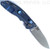 Rick Hinderer Knives Non Flipper XM-18 3.5" Slicer folding knife with thumb stud - shown open lock side.  Working Finish S45VN stainless steel plain edge blade.  Translucent Green G-10 handle with Battle Blue lock side.  Model KXM35NFSL.