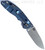 Rick Hinderer Knives Non Flipper XM-18 3.5" Slicer folding knife with thumb stud - shown open lock side.  Working Finish S45VN stainless steel plain edge blade.  Blue - black G-10 handle with Battle Blue lock side.  Model KXM35NFSL.