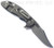 Rick Hinderer Knives XM-18 3.5" Bowie folding knife with thumb stud and flipper tab - shown open lock side.  Working Finish S45VN stainless steel plain edge blade.  Blue - black G-10 handle with Working Finish lock side.  Model KXM35BOW.