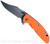 Rick Hinderer Knives XM-18 3.5" Bowie folding knife with thumb stud and flipper tab - shown open presentation side.  Working Finish S45VN stainless steel plain edge blade.  Orange G-10 handle with Working Finish lock side.  Model KXM35BOW.