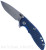 Rick Hinderer Knives XM-18 3.0" Spanto folding knife with thumb stud and flipper tab - shown open presentation side.  Working Finish 20CV stainless steel plain edge blade.  Blue - black G-10 handle with Working Finish lock side.  Model KXM30SPA.