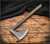 RMJ Tactical Custom Raven bearded Axe - shown out of sheath obverse.  80CRV2 steel plain edge head.  Laser engraved Linen Micarta.  Model T-RS-FS-SH-LM.