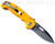Demko Knives National Knives, LLC Exclusive MG AD-20 spear point folding knife with thumb slot and thumb stud - shown open pocket clip side.  Stonewash MagnaCut stainless steel plain edge blade.  Yellow #2 G-10 handle.