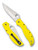 Spyderco Stretch 2 XL Salt folding knife with thumb hole - shown open presentation side and closed pocket clip side.  Satin H-2 stainless steel plain edge blade.  Yellow FRN handle.  Model C258PYL.