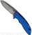 Rick Hinderer Knives XM-18 3.5" Slicer folding knife with thumb stud and flipper tab - shown open presentation side.  Stonewash S45VN stainless steel plain edge blade.  Blue G-10 handle with Battle Blue lock side.  Model KXM35SL.