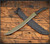 RMJ Tactical Wyvern short sword - shown atop sheath tip pointed lower left.  Textured OD green 3V steel plain edge blade.  Black G-10 handle scales.  Model 3V-WY-JU.