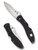 Spyderco Centofante 3 folding knife with thumb hole - shown open presentation side and closed pocket clip side.  Satin VG-10 stainless steel plain edge blade.  Black FRN handle.  Model C66PBK3.