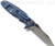 Rick Hinderer Knives Eklipse Spear Point folding knife with flipper tab and thumb stud - shown open lock side.  Stonewash S45VN stainless steel plain edge blade.  Blue G-10 handle with stonewash blue lock side.  Model KEK35SPE.