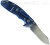 Rick Hinderer Knives XM-18 3.5" Skinner folding knife with thumb stud and flipper tab - shown open lock side.  Stonewash S45VN stainless steel plain edge blade.  Blue G-10 handle with stonewash blue lock side.  Model KXM35SKINNER.