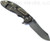 Rick Hinderer Knives XM-18 3.5" Skinner folding knife with thumb stud and flipper tab - shown open lock side.  Working Finish S45VN stainless steel plain edge blade.  Black G-10 handle with Battle Bronze lock side.  Model KXM35SKINNER.