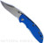 Rick Hinderer Knives Non Flipper XM-18 3.5" Bowie folding knife with thumb stud - shown open presentation side.  Stonewash S45VN stainless steel plain edge blade.  Blue G-10 handle with stonewash blue lock side.  Model KXM35NFBOW.