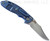 Rick Hinderer Knives Non Flipper XM-18 3.5" Bowie folding knife with thumb stud - shown open lock side.  Stonewash S45VN stainless steel plain edge blade.  Blue G-10 handle with stonewash blue lock side.  Model KXM35NFBOW.