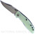 Rick Hinderer Knives Non Flipper XM-18 3.5" Bowie folding knife with thumb stud - shown open presentation side.  Stonewash S45VN stainless steel plain edge blade.  Translucent Green G-10 handle with stonewash blue lock side.  Model KXM35NFBOW.