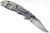Rick Hinderer Knives Non Flipper XM-18 3.5" Bowie folding knife with thumb stud - shown open lock side.  Stonewash S45VN stainless steel plain edge blade.  
Black G-10 handle with stonewash lock side.  Model KXM35NFBOW.