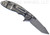 Rick Hinderer Knives XM-18 3.0" Harpoon Tanto folding knife with thumb stud and flipper tab - shown open lock side.  Working Finish S45VN stainless steel plain edge blade.  OD green G-10 handle with Working Finish lock side.  Model KXM3000HT.