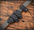 RMJ Tactical Reaver fixed blade knife - shown in sheath obverse.  Tungsten Cerakote Nitro-V stainless steel plain double edge blade.  Black G-10 handle.  Model JCD-RV-TU-BK.