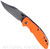 Rick Hinderer Knives Non Flipper XM-18 3.5" Bowie folding knife with thumb stud - shown open presentation side.  Working Finish S45VN stainless steel plain edge blade.  Orange G-10 handle with Battle Blue lock side.  Model KXM35NFBOW.