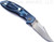 Rick Hinderer Knives Automatic XM-18 Bowie folding knife with push button - shown open pocket clip side.  Stonewash S45VN stainless steel plain edge blade.  Stonewash blue titanium handle.  Model KAXM35BO.