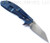 Rick Hinderer Knives Skinny XM-24 Wharncliffe folding knife with thumb stud and flipper tab - shown open lock side.  Stonewash S45VN stainless steel plain edge blade.  Blue - black G-10 handle with stonewash blue lock side.  Model KXM40SKWC.